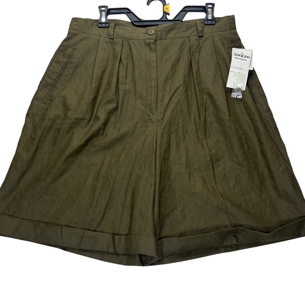 Adolfo Shorts Women 16 Olive Green Linen Cotton Blend Pleated Cuffed Bermuda New